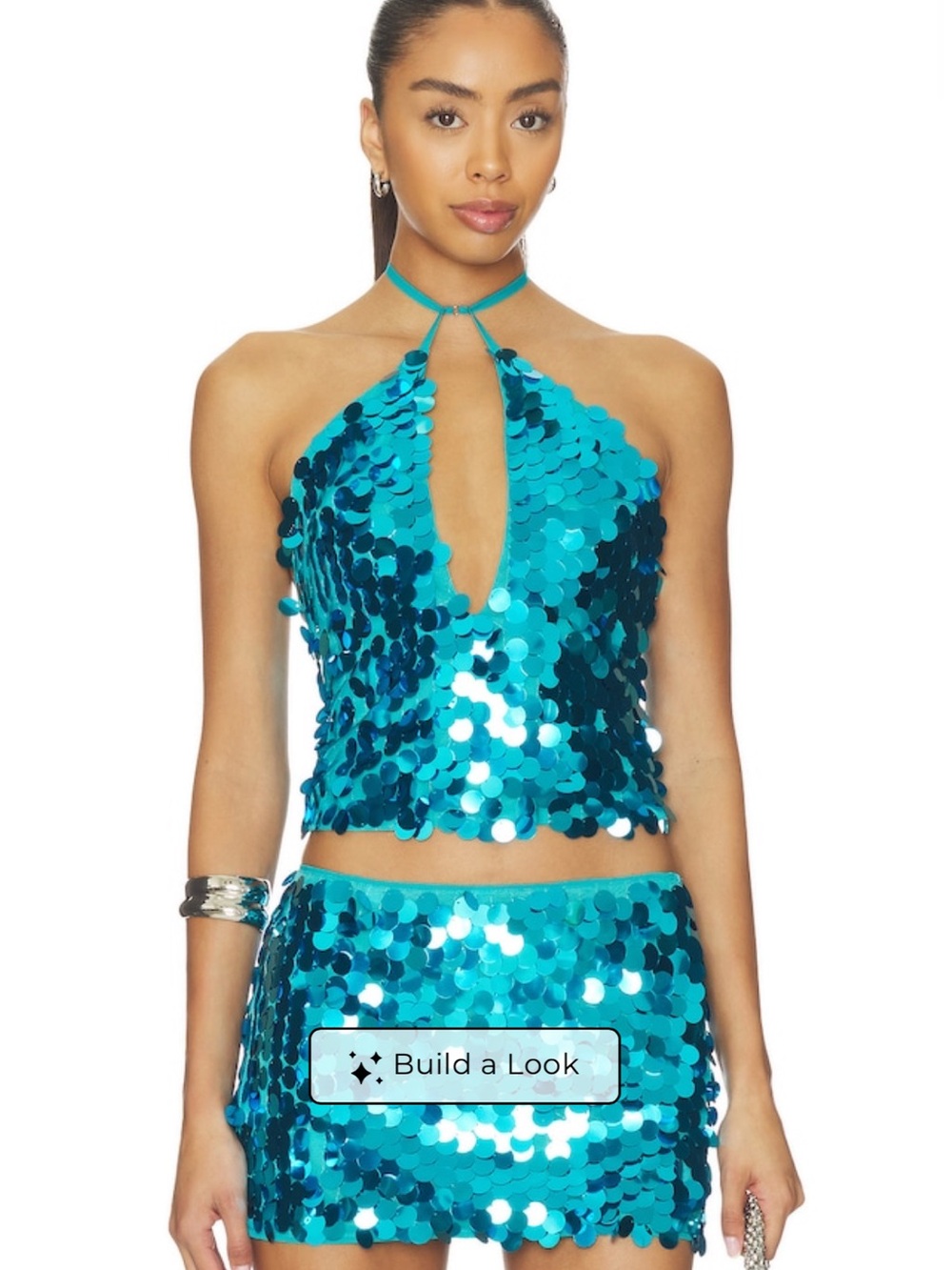 Superdown Celia Blue Sequin Top and Skirt Set